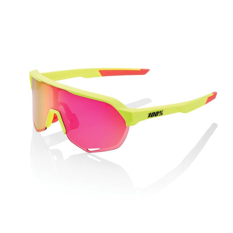 100% S2 Sunglasses, Matte Washed Out Neon Yellow frame - Purple Multilayer Mirror Lens
